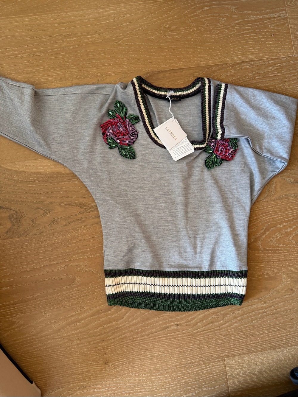 La Perla Gray Floral Embroidered V-Neck Sweater